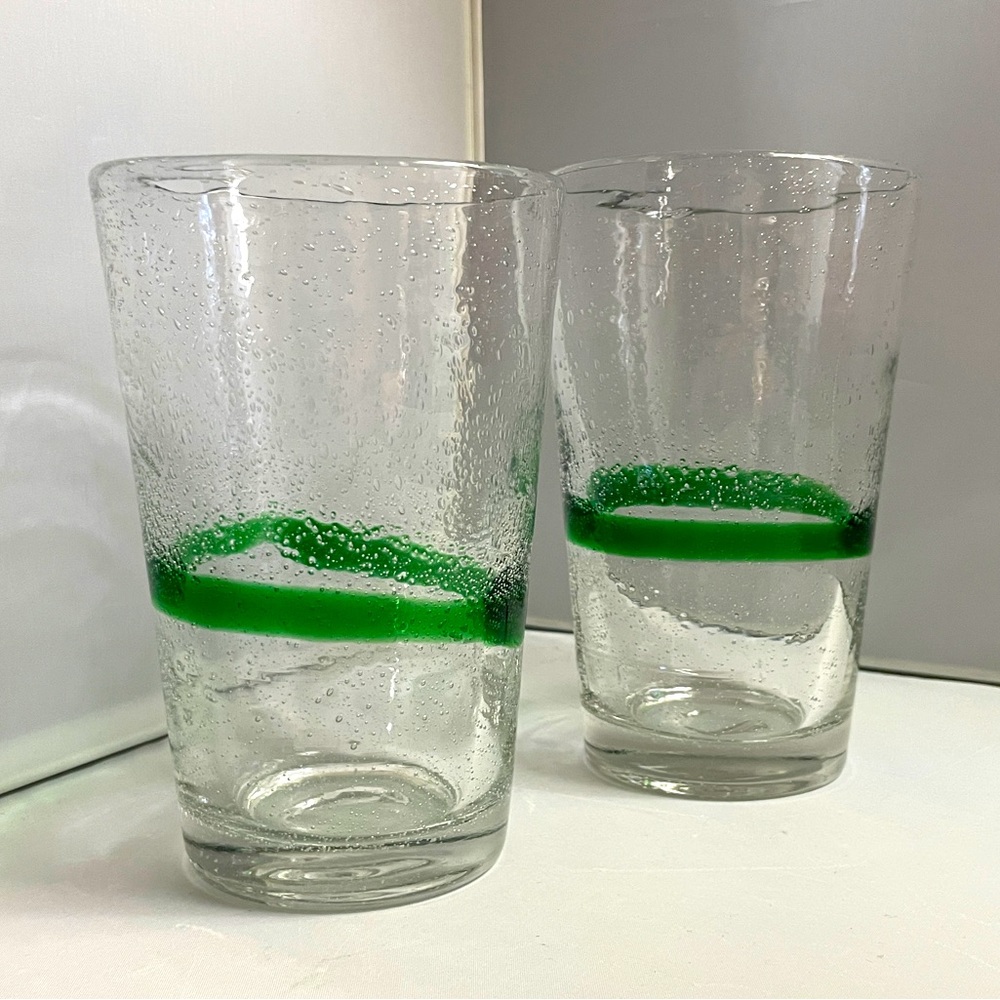 Hand Blown Bubble Glass Set of 2 Drinking Glasses Tea Water Clear Green Swirl